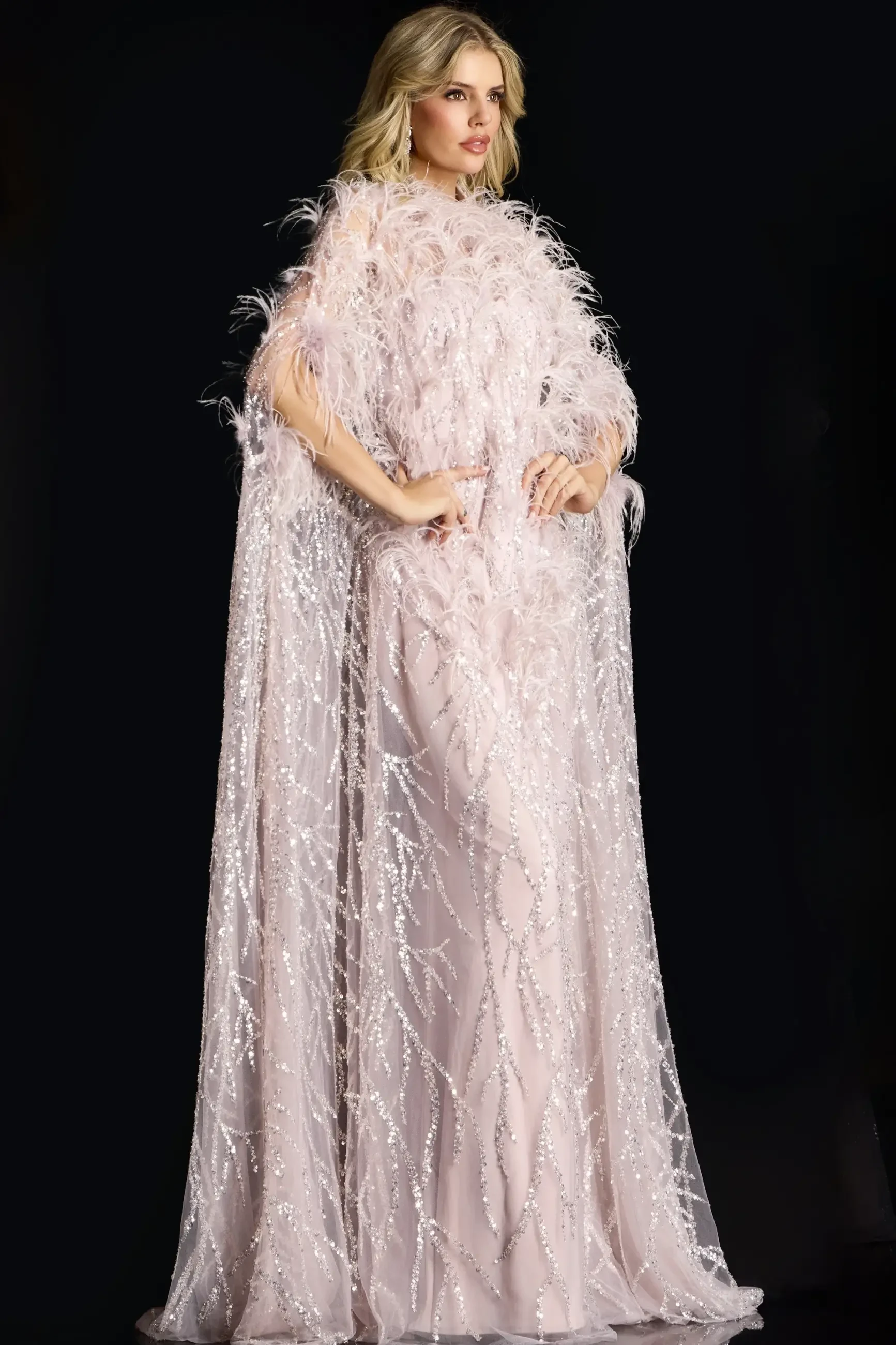 A model wearing an elegant, floor-length gown with a feathered cape, adorned with intricate sparkling details on a dark background.
