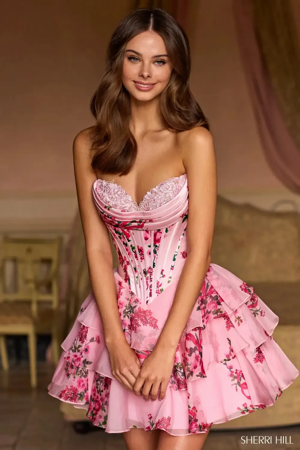 Model wearing a gown by Sherri Hill