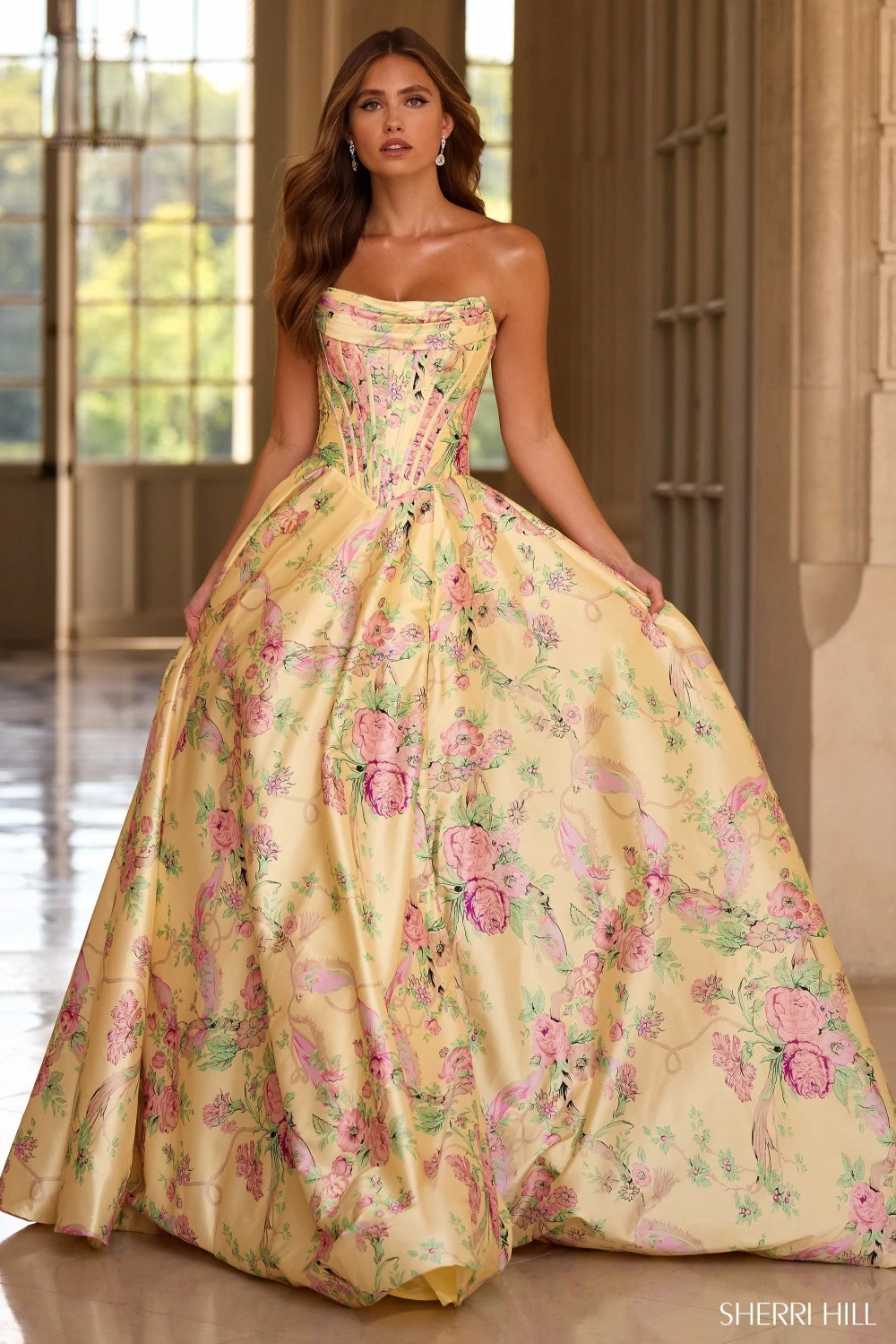 Model wearing a silver gown