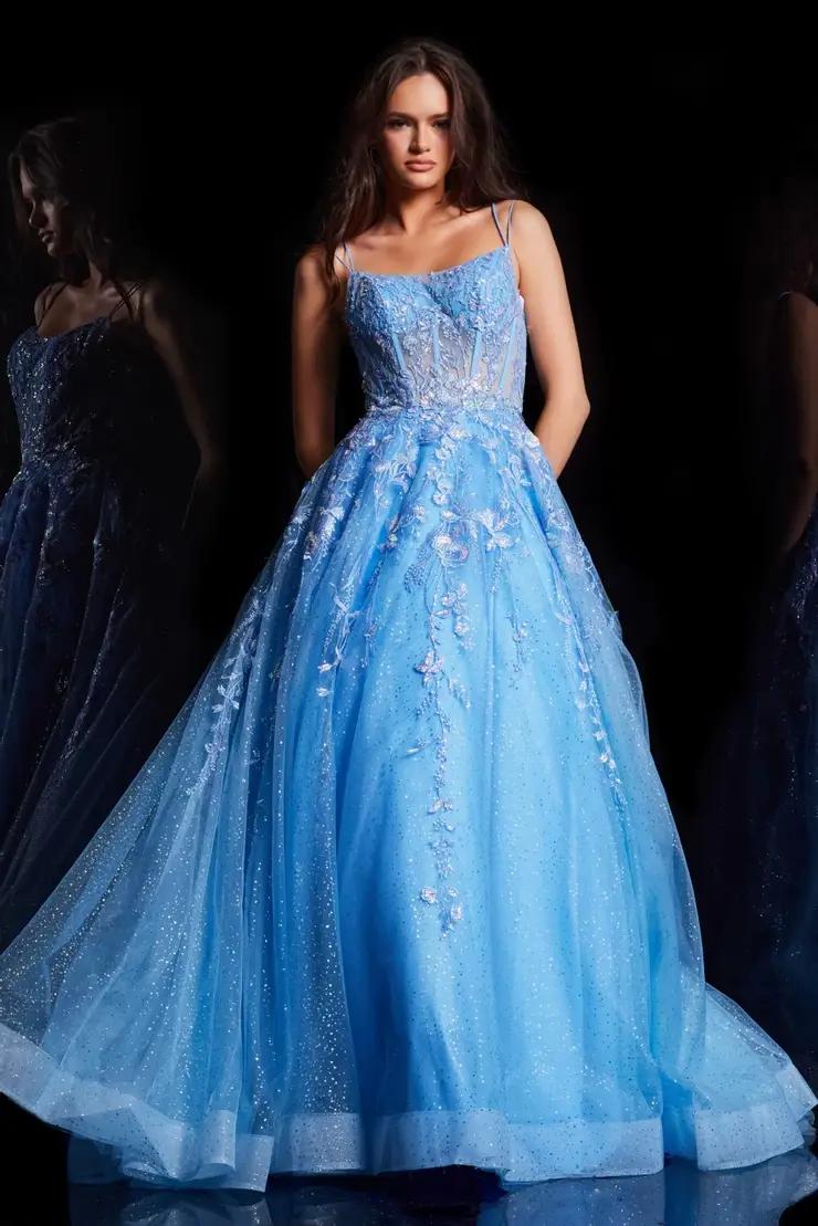 Model wearing a blue gown