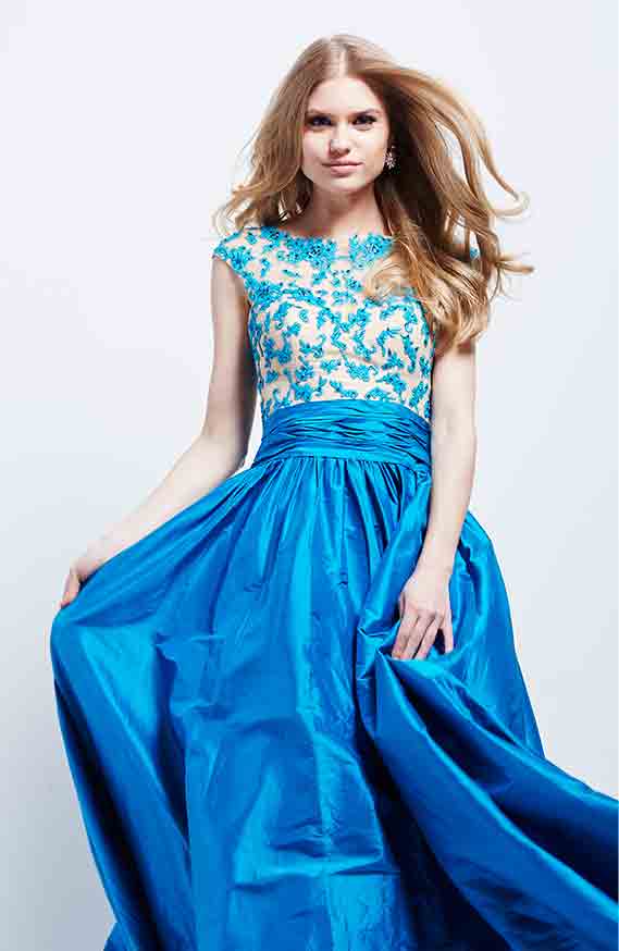 Model wearing a blue dress