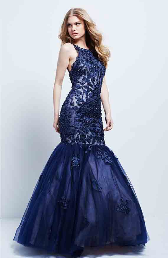 Model wearing a blue dress