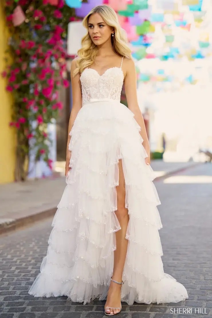 Model wearing a white dress