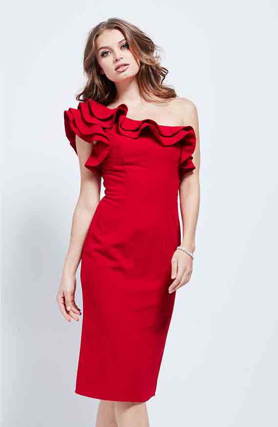 Model wearing a red dress
