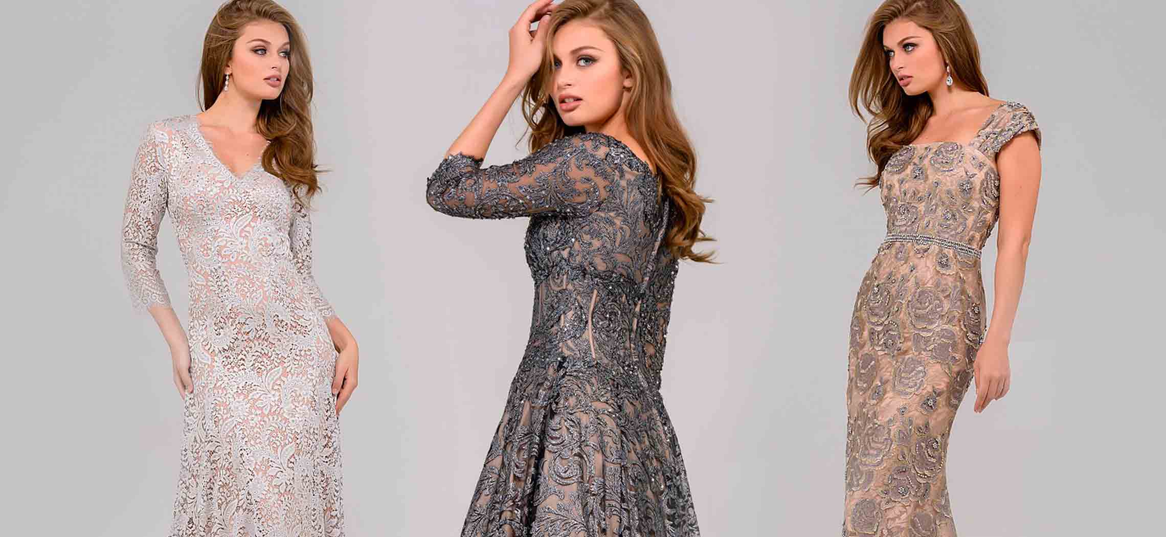 Models wearing a gray dresses