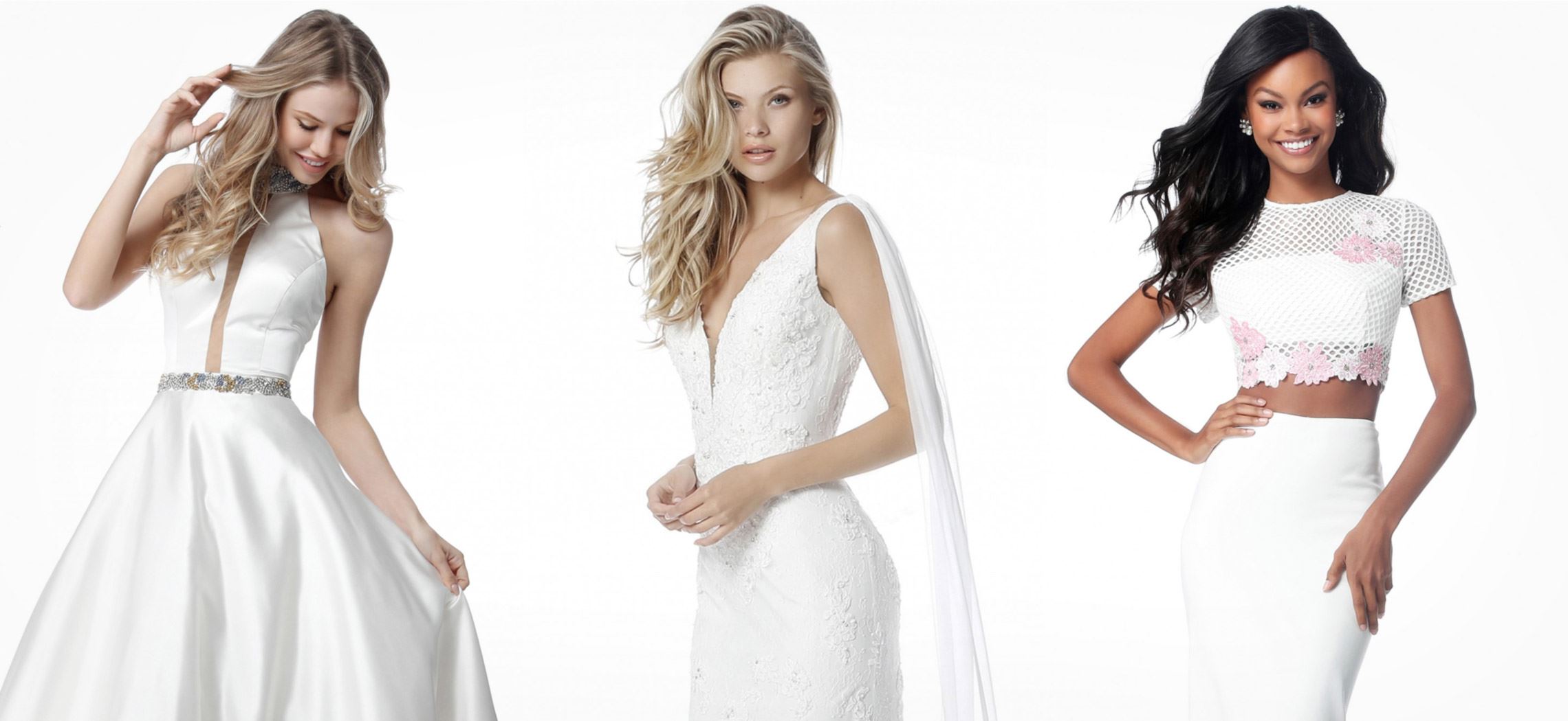 Models wearing a white dresses