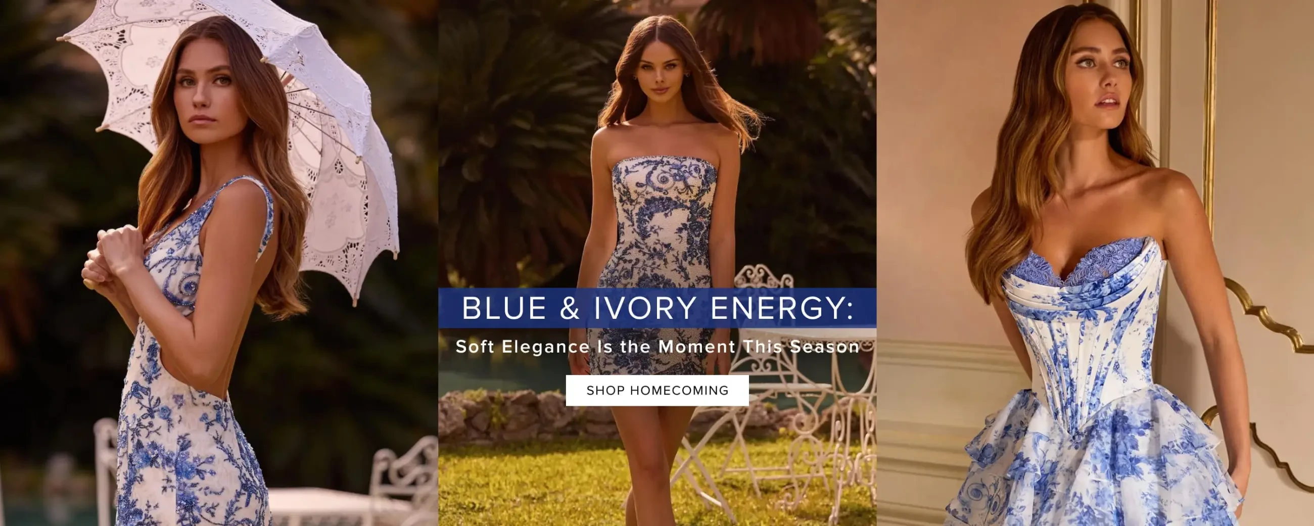 Blue & Ivory Homecoming Dresses at Whatchamacallit in Dallas, TX
