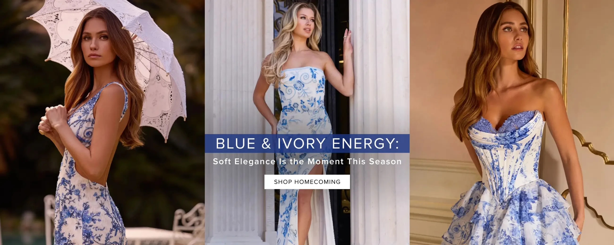 Blue & Ivory Homecoming Dresses at Whatchamacallit in Dallas, TX