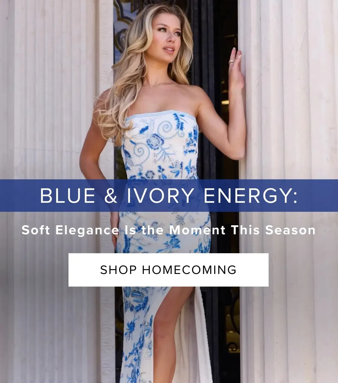 Blue & Ivory Homecoming Dresses at Whatchamacallit in Dallas, TX